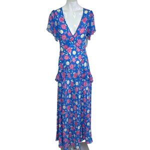 RIXO Evie Silk Maxi Dress, Flutter Sleeve, Tie Back, 100% Silk, Floral, Size 2